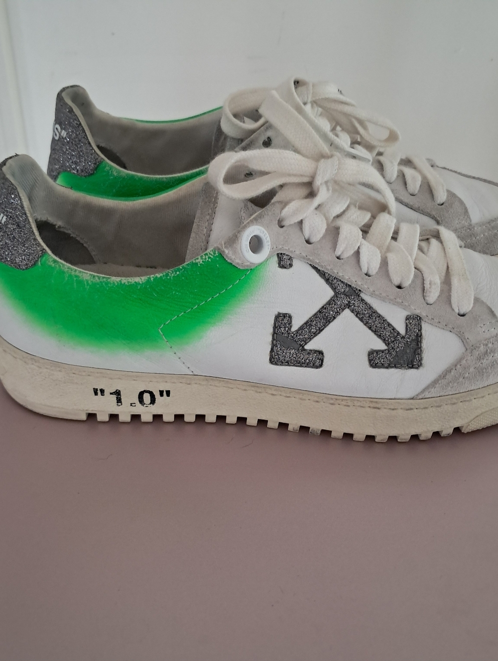 Off-White Sneakers Women's 38 8 Low C/O Abloh Cup Sole White Green Suede Luxury
